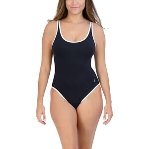NWT New Nautica Womens XL Black Thin Strap Slimming Tummy One Piece Swimsuit